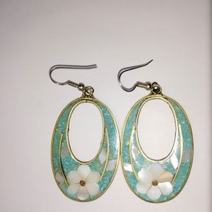 Earrings Dangle Mother of Pearl Abalone Mint Green Teal Vintage Alpaca Silver